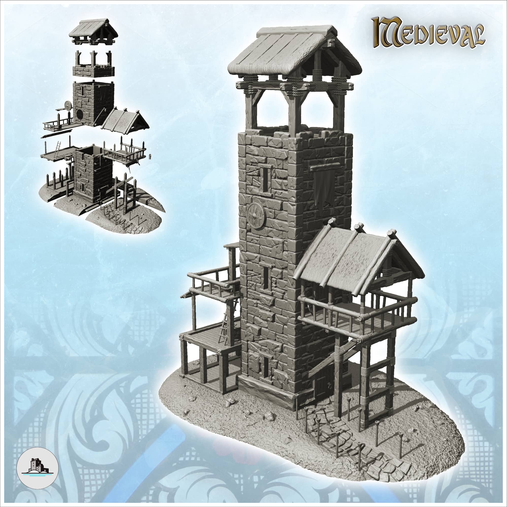 Square stone tower with wooden roof and floors (14) by