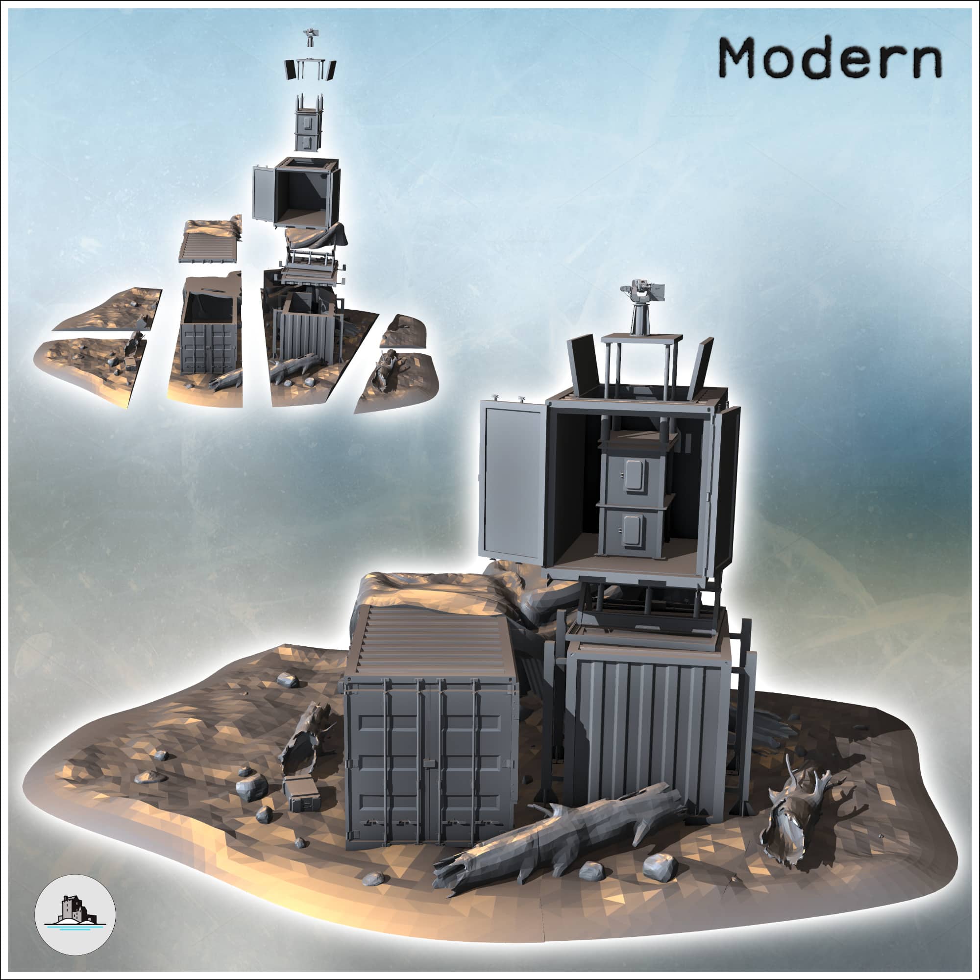 Modern guard post with metal containers and high-mounted machine gun (1 ...
